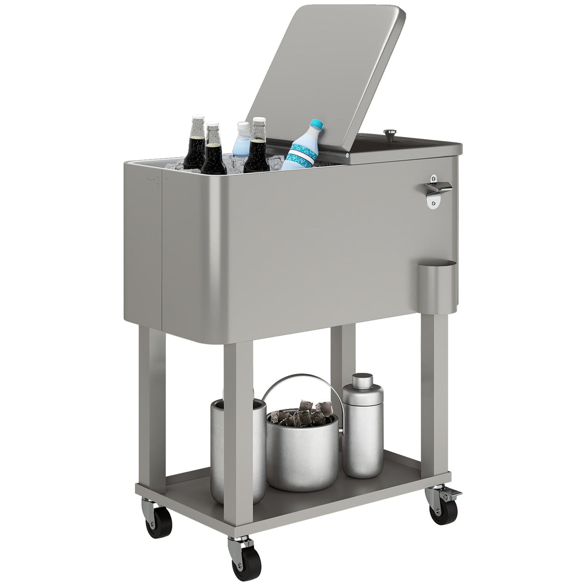 60 Quart Rolling Patio Cooler Cart with Shelf and Bottle Opener, Silver — product view 1
