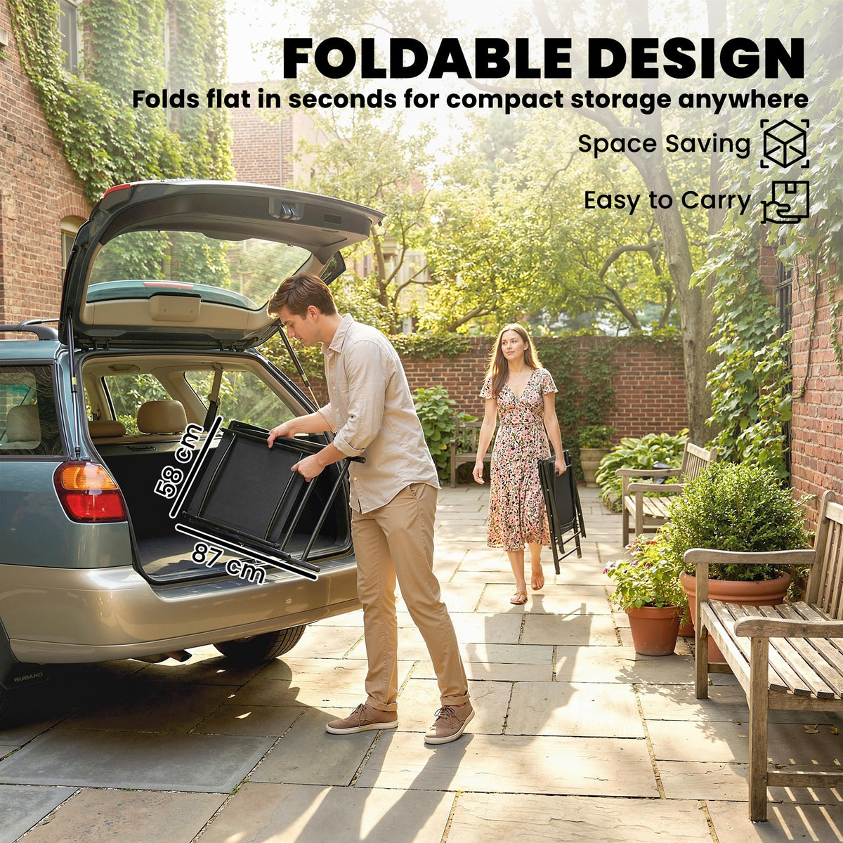Set of 2 Folding Garden Chairs with High Back and Armrests, Black — product view 7