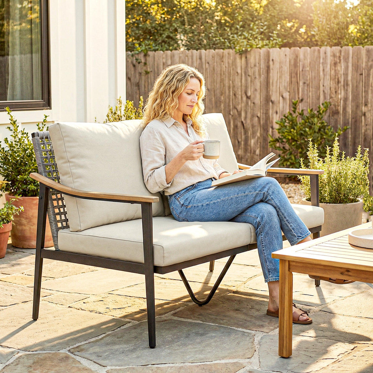 2 Seater Rattan Sofa with Wood-Effect Armrests, Khaki — product view 3