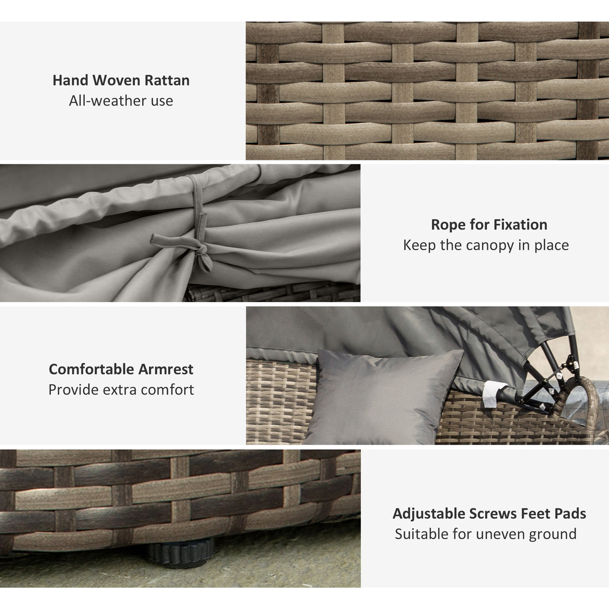 Round PE Rattan Daybed Set with Retractable Canopy, Table & Pillows, Dark Grey/Grey — product view 6