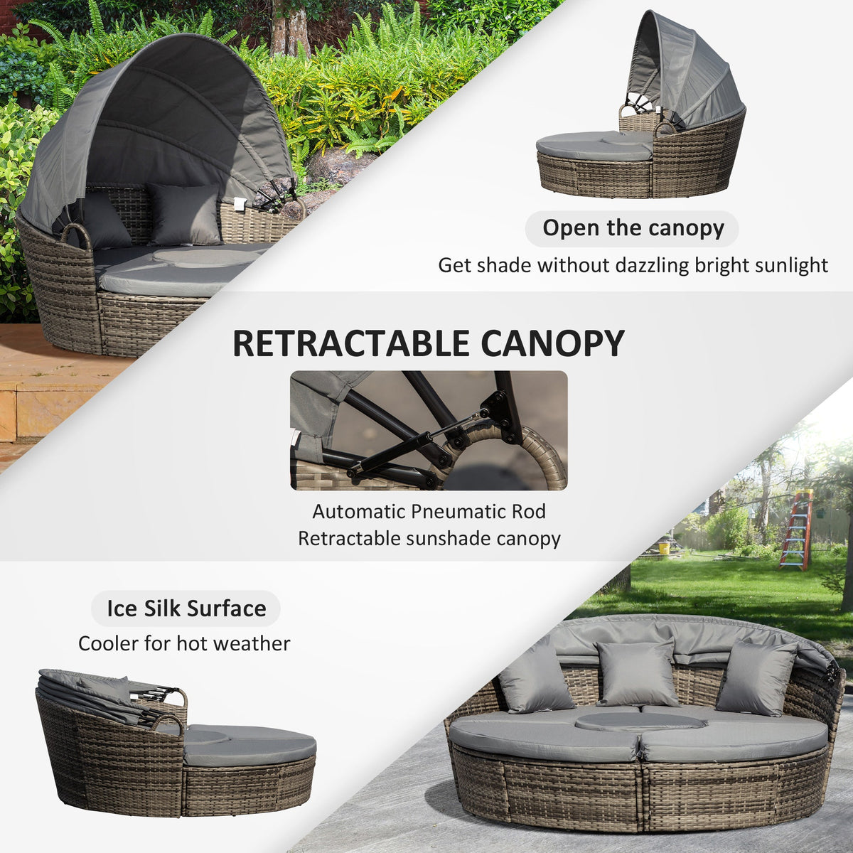 Round PE Rattan Daybed Set with Retractable Canopy, Table & Pillows, Dark Grey/Grey — product view 7