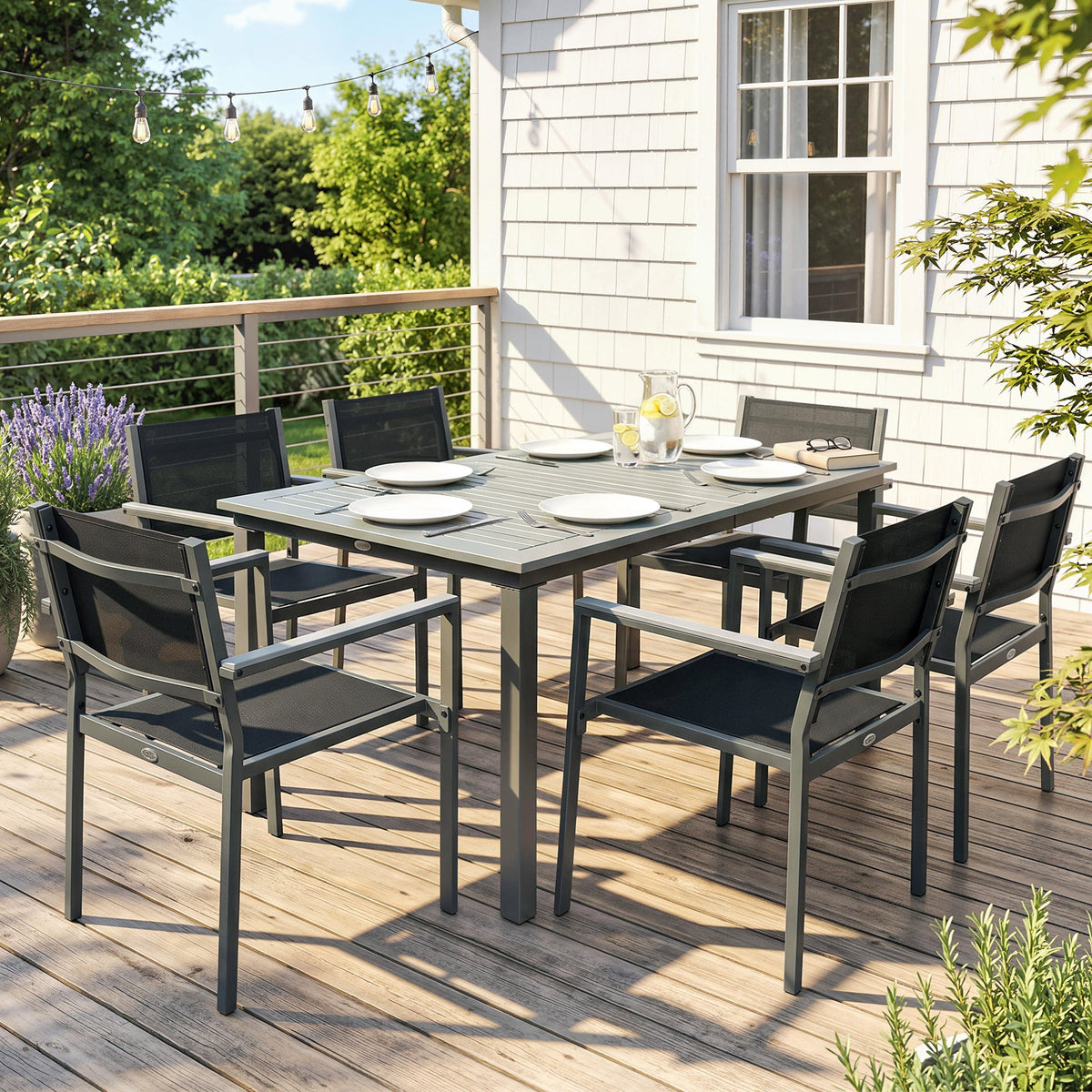 6-Seater Acacia Wood Top Dining Set with Stackable Texteline Chairs, Grey — product view 4