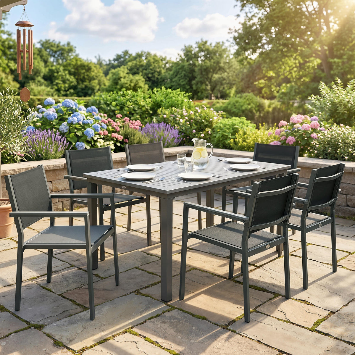 6-Seater Acacia Wood Top Dining Set with Stackable Texteline Chairs, Grey — product view 3