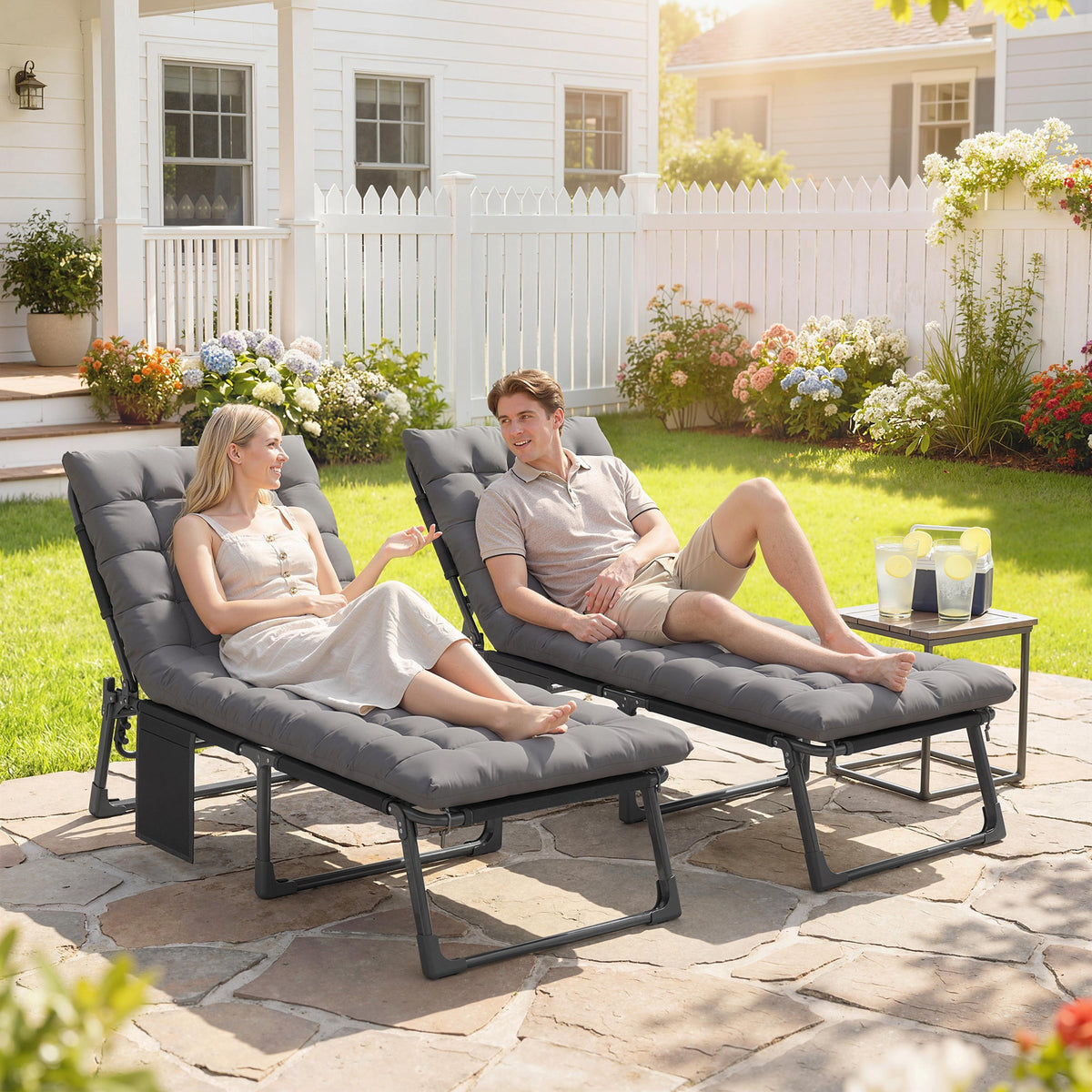 2 Piece Reclining Outdoor Chaise Lounge Chairs with Cushions, Dark Gray — product view 3
