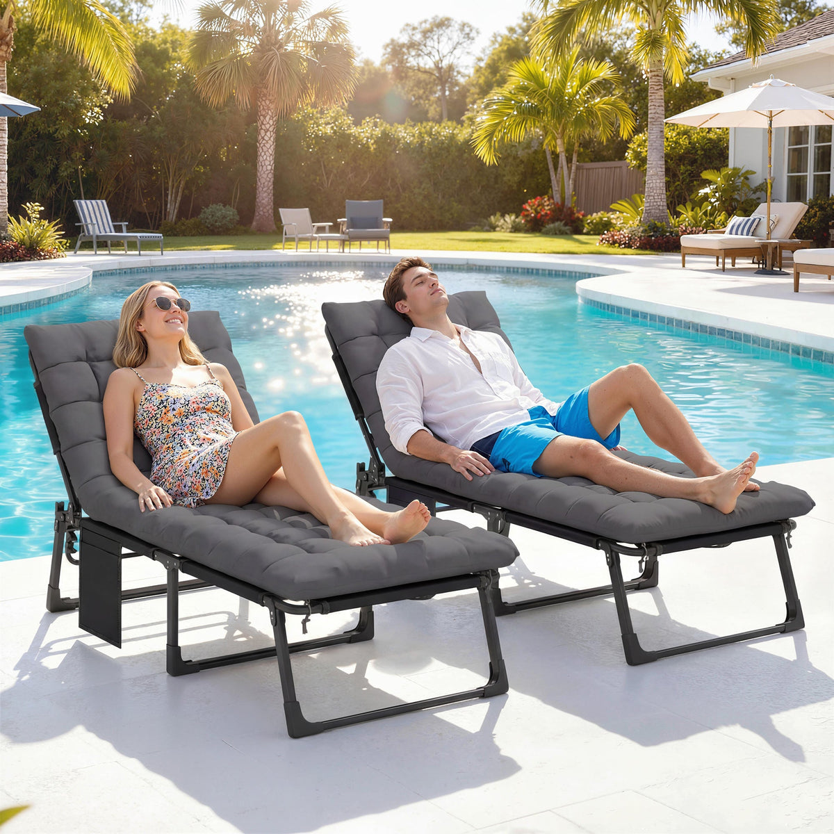 2 Piece Reclining Outdoor Chaise Lounge Chairs with Cushions, Dark Gray — product view 4