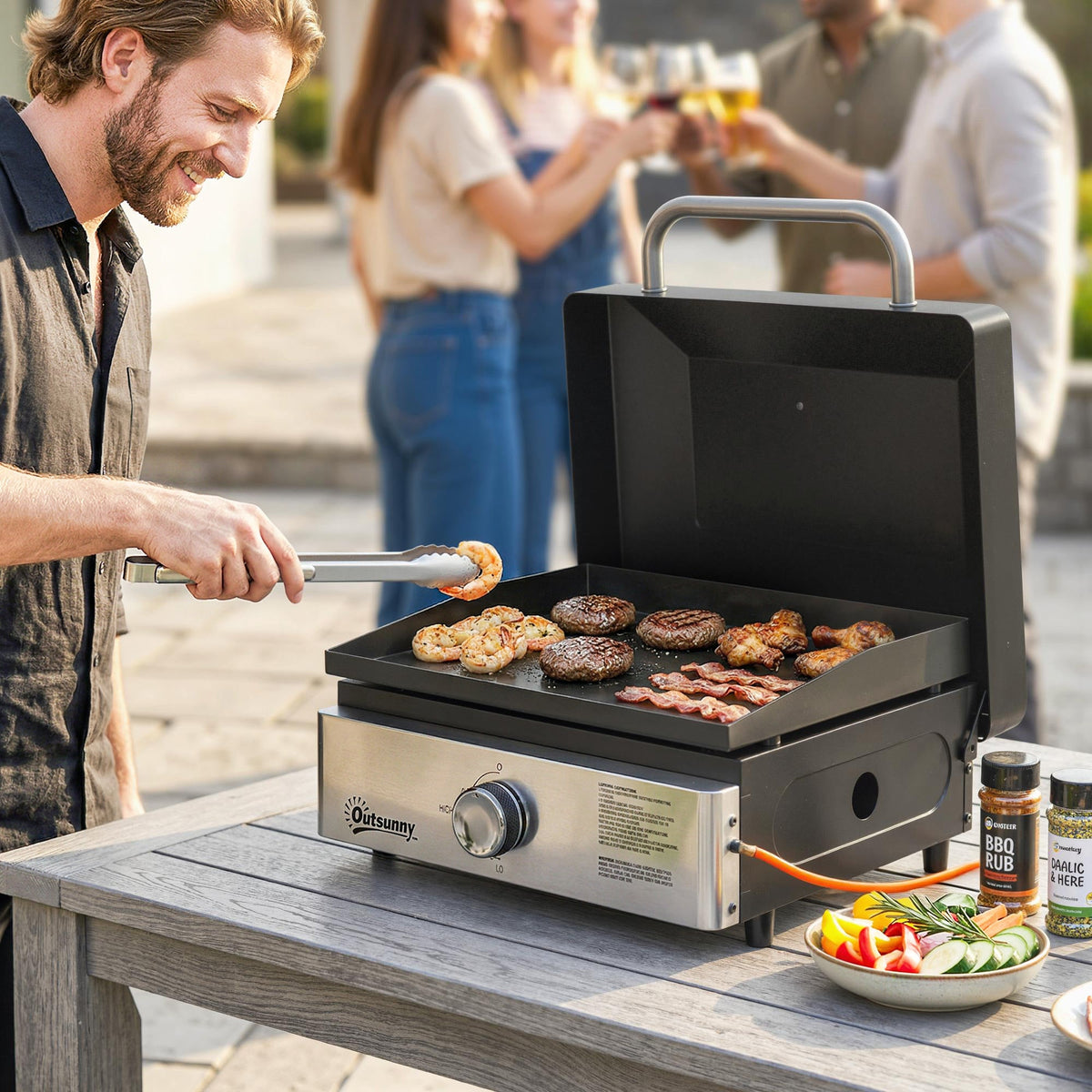 Portable Gas Plancha Grill 3.5 kW, Tabletop Griddle with Grease Cup, Black — product view 3