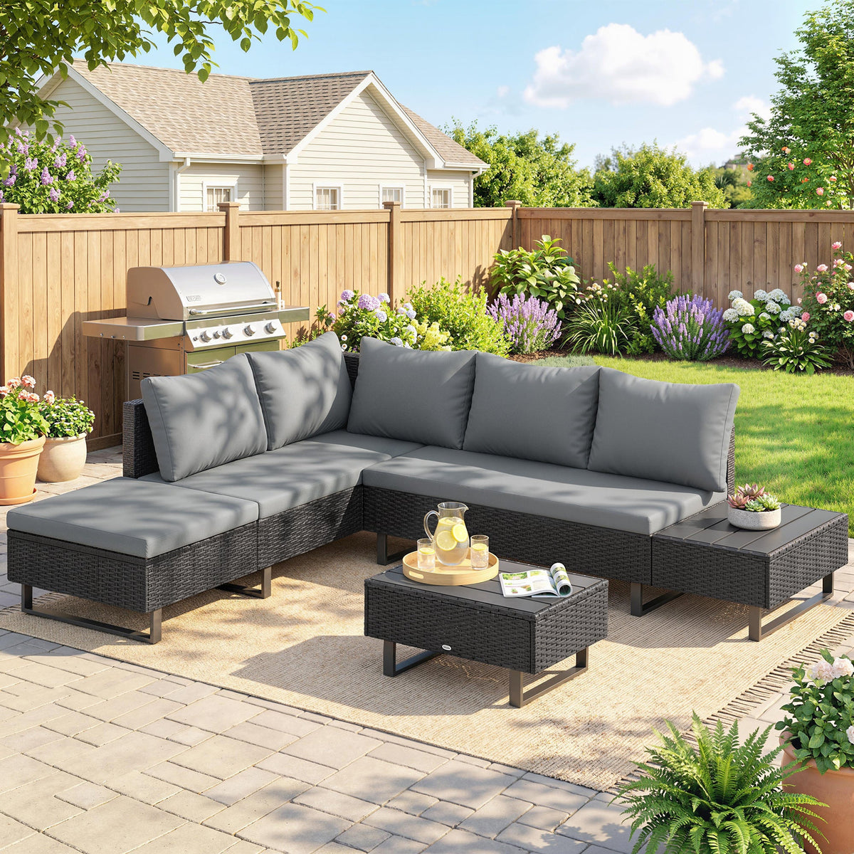 5-Seat L-Shaped Rattan Sofa Set with Adjustable Back, Cushions & Table Dark Grey — product view 3