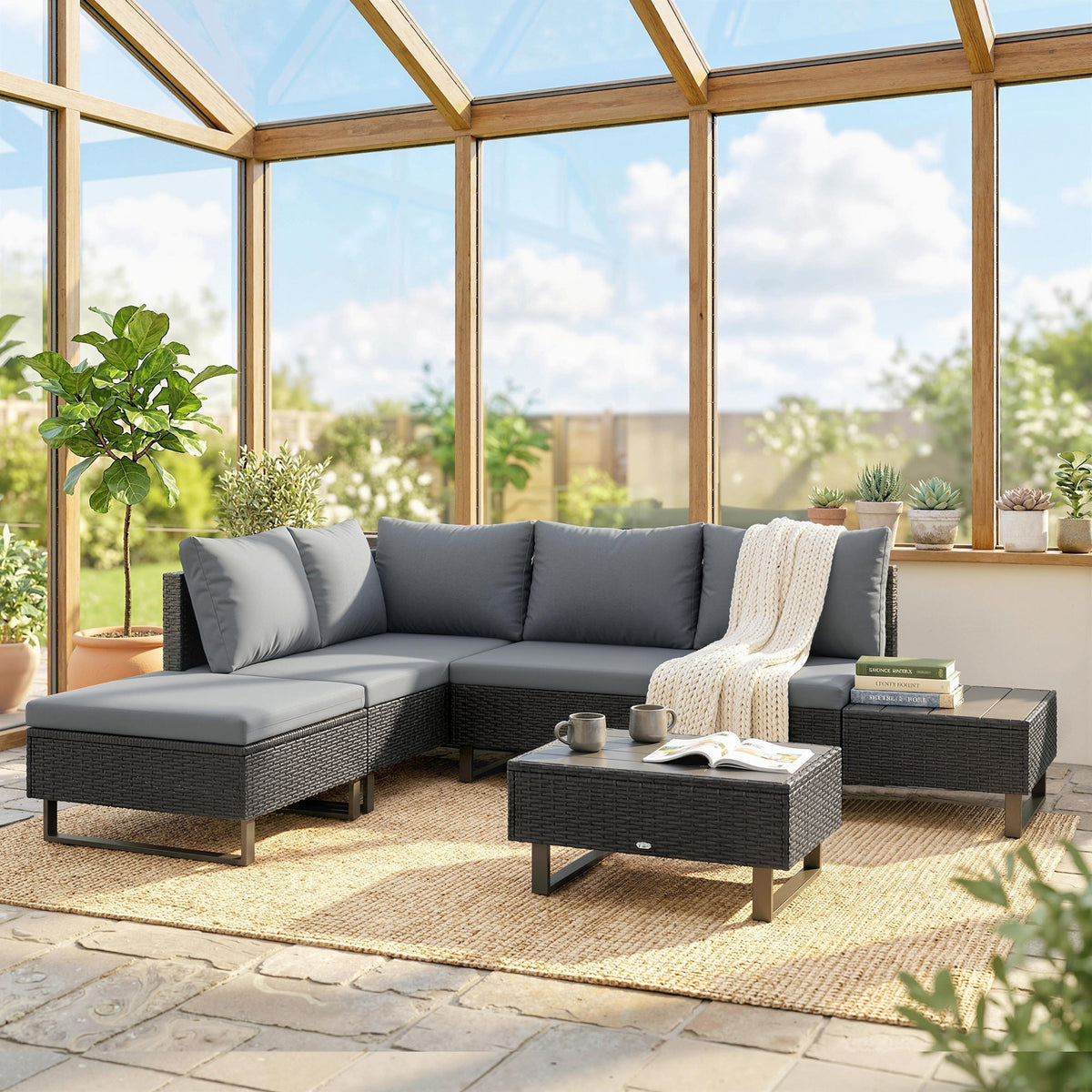 5-Seat L-Shaped Rattan Sofa Set with Adjustable Back, Cushions & Table Dark Grey — product view 4