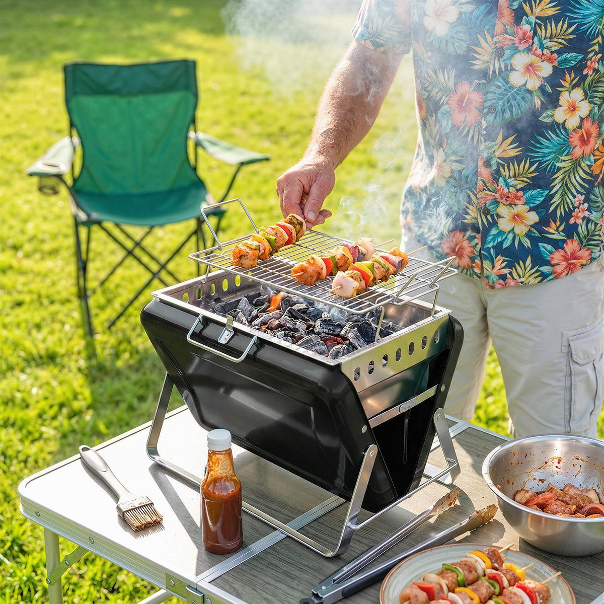 Folding Portable Charcoal BBQ Grill with Handle and Foldable Legs, Black — product view 3