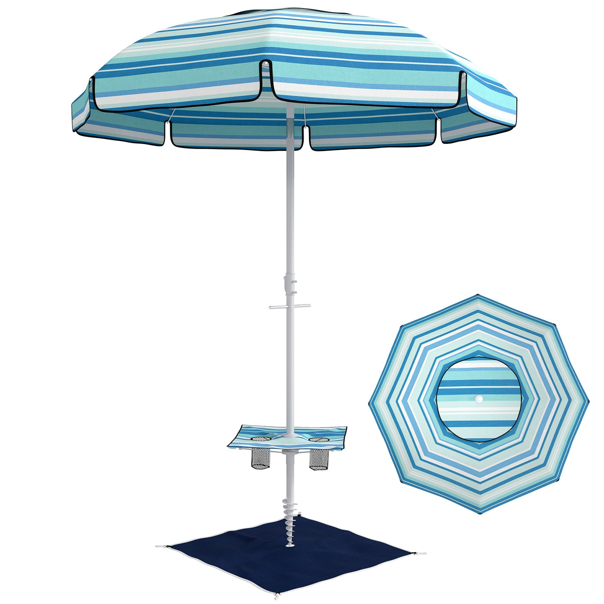 6 ft Portable Beach Umbrella with Foldable Table and Cup Holders, Dark Blue — product view 2