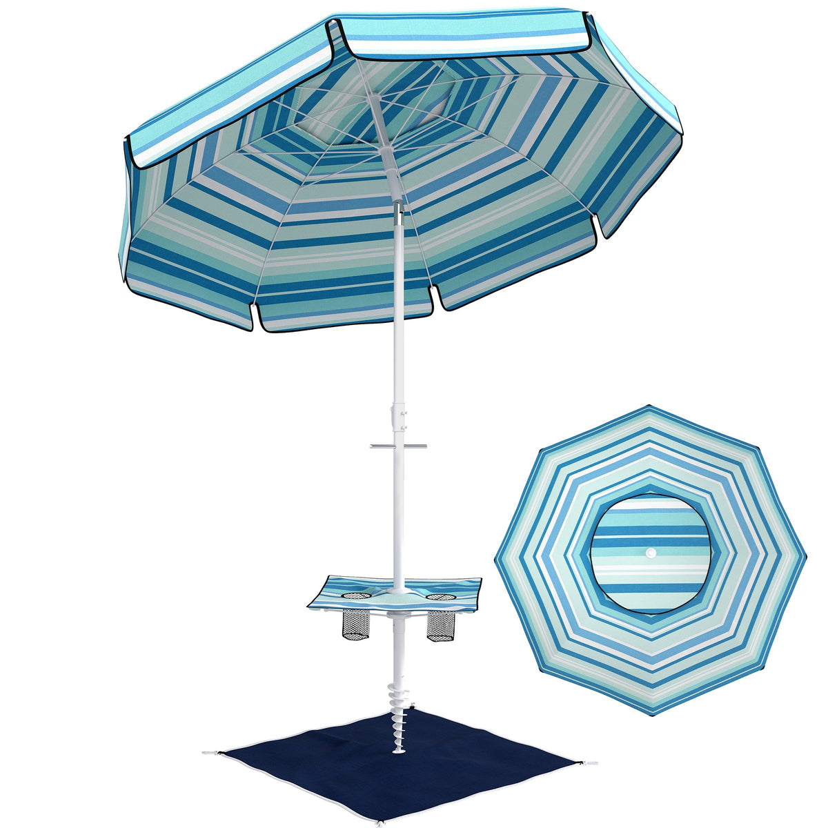 6 ft Portable Beach Umbrella with Foldable Table and Cup Holders, Dark Blue — product view 1
