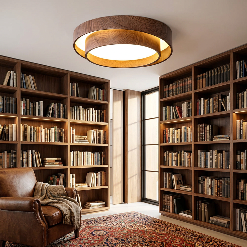 Sereno | Walnut Finish Round Flush Mount Ceiling Lamp for Living Room and Bedroom — product view 4
