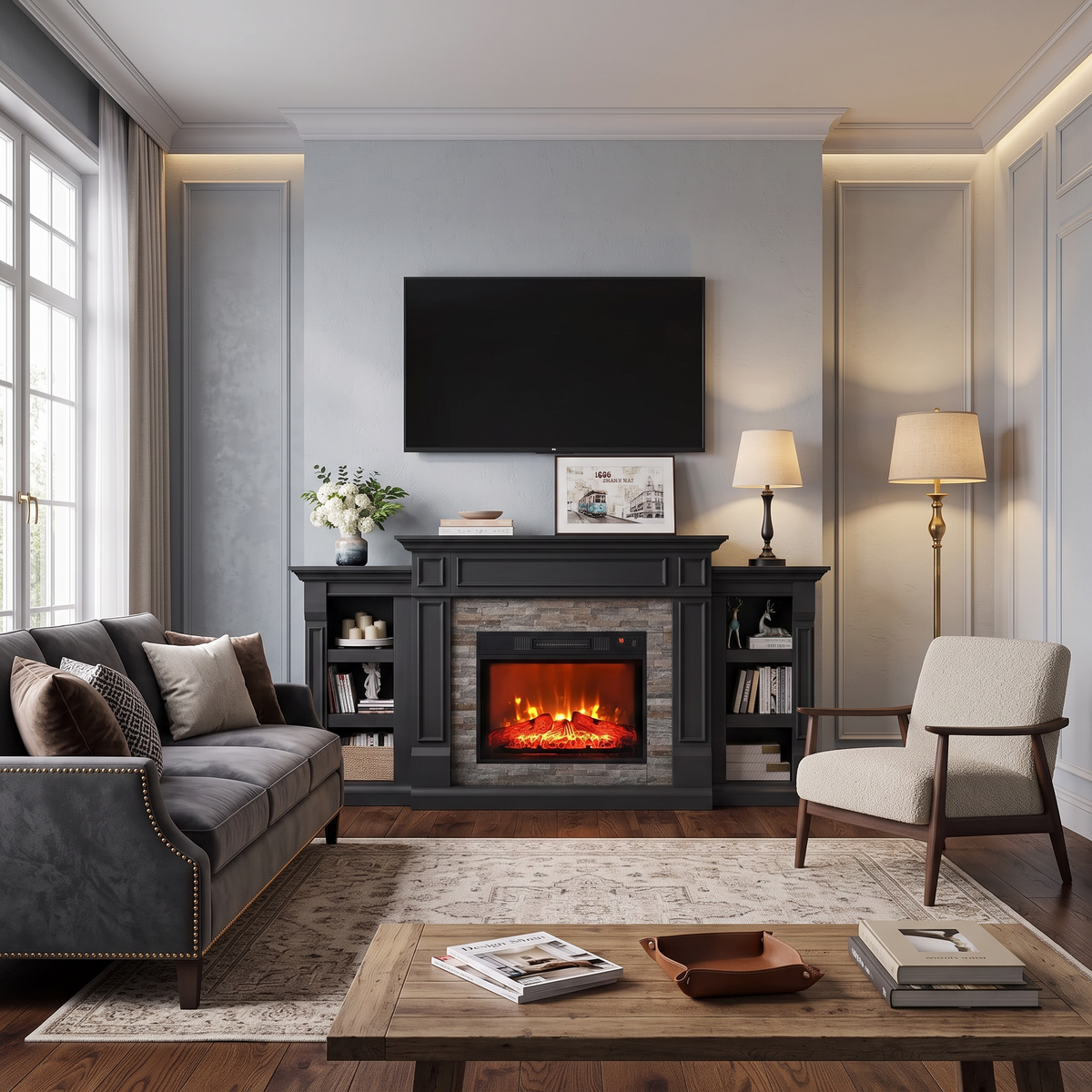 72 Inch Electric Fireplace TV Stand with Mantel & 23 Inch Realistic Flame Insert, Entertainment Center for Living Room — product view 1