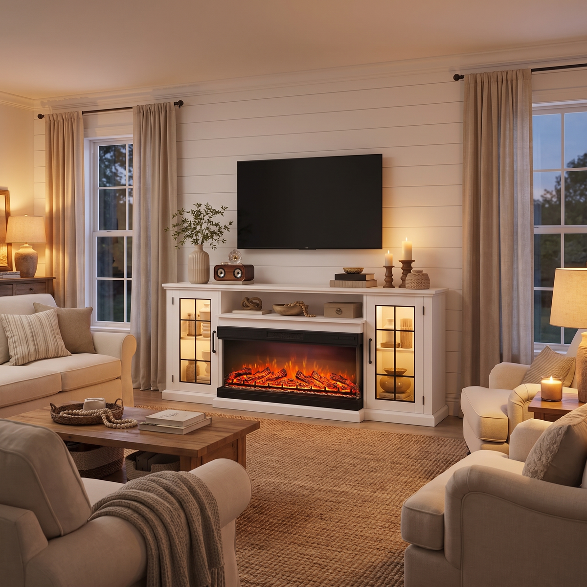 75 Inch Fireplace TV Stand with 3-Sided Glass Fireplace, Farmhouse Entertainment Center for 80 Inch TV, 12 Flame Colors, 5000 BTU, Storage Cabinet — product view 1