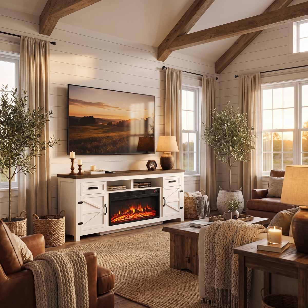 80 Inch Farmhouse Fireplace TV Stand with Barn Doors for TVs up to 90 Inch, Electric Fireplace Entertainment Center with Storage Cabinets, White — product view 1