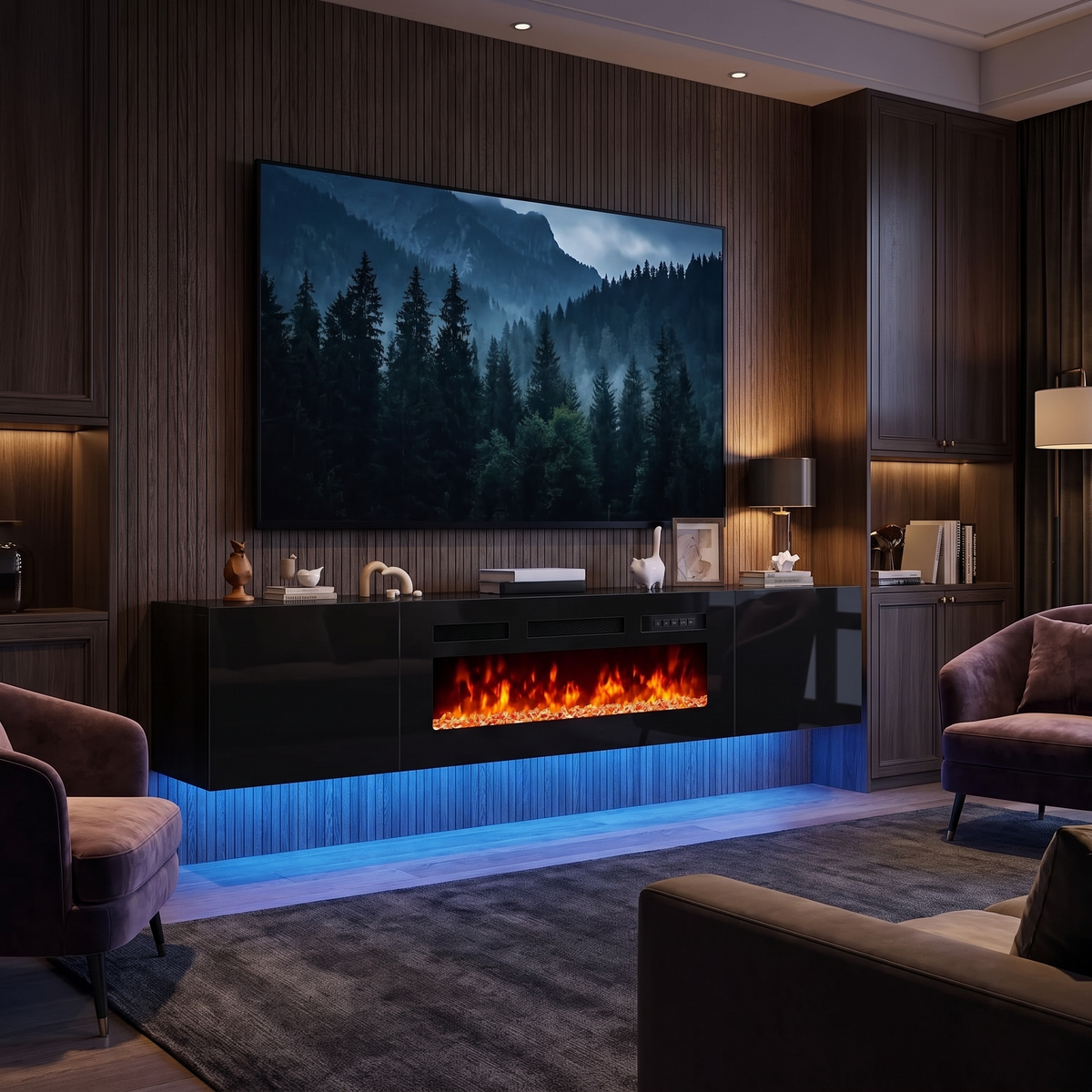 80 Inch Floating TV Stand with 40 Inch Electric Fireplace & LED Lights, Wall Mounted Media Console for TVs up to 90 Inch — product view 1