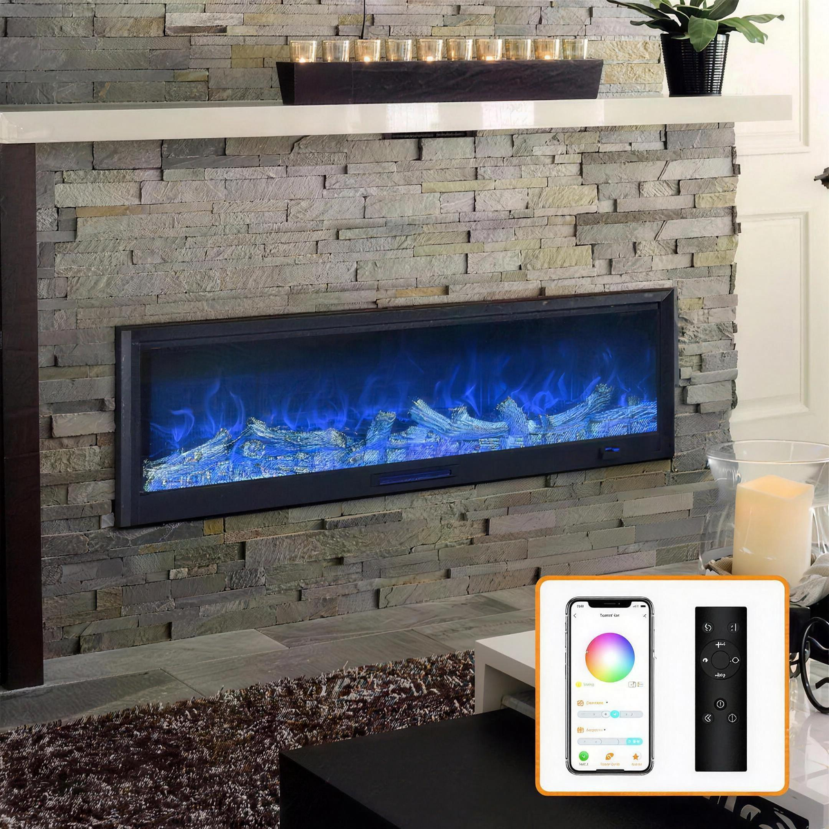 60-85 Inch Electric Fireplace Insert, Recessed Media Wall Mount with 1500W Heater & LED Flame Effect — product view 1