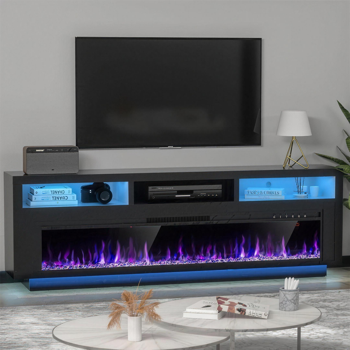 65 Inch TV Stand with Electric Fireplace, Black LED Entertainment Center with Storage Cabinet — product view 2