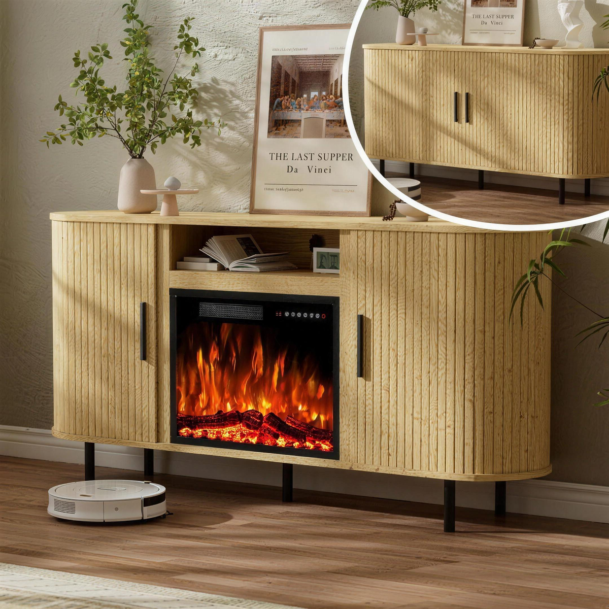 65" Fluted Fireplace TV Stand for TVs Up to 75 inches, Modern Entertainment Center with 23" Electric Fireplace, Wooden — product view 1