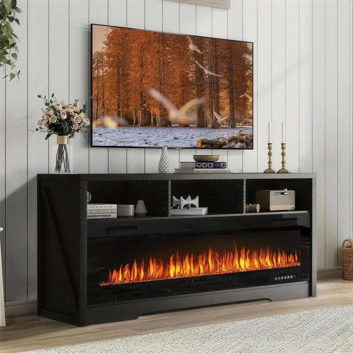 Fireplace TV Stand for Up To 75" TVs with 60" Electric Fireplace, Entertainment Center, 65 Inch TV Stand with Fireplace — product view 1