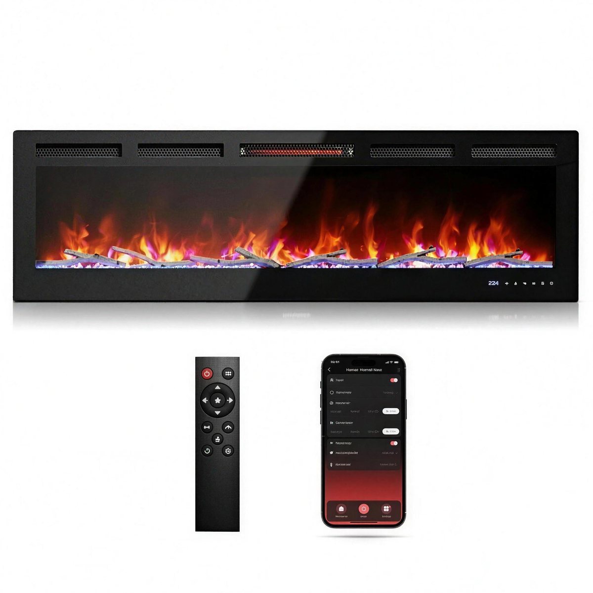 60 Inch Smart WiFi Electric Fireplace, Recessed & Wall-Mounted Linear Fireplace with Realistic Flame & 1500W Quartz Heater — product view 1