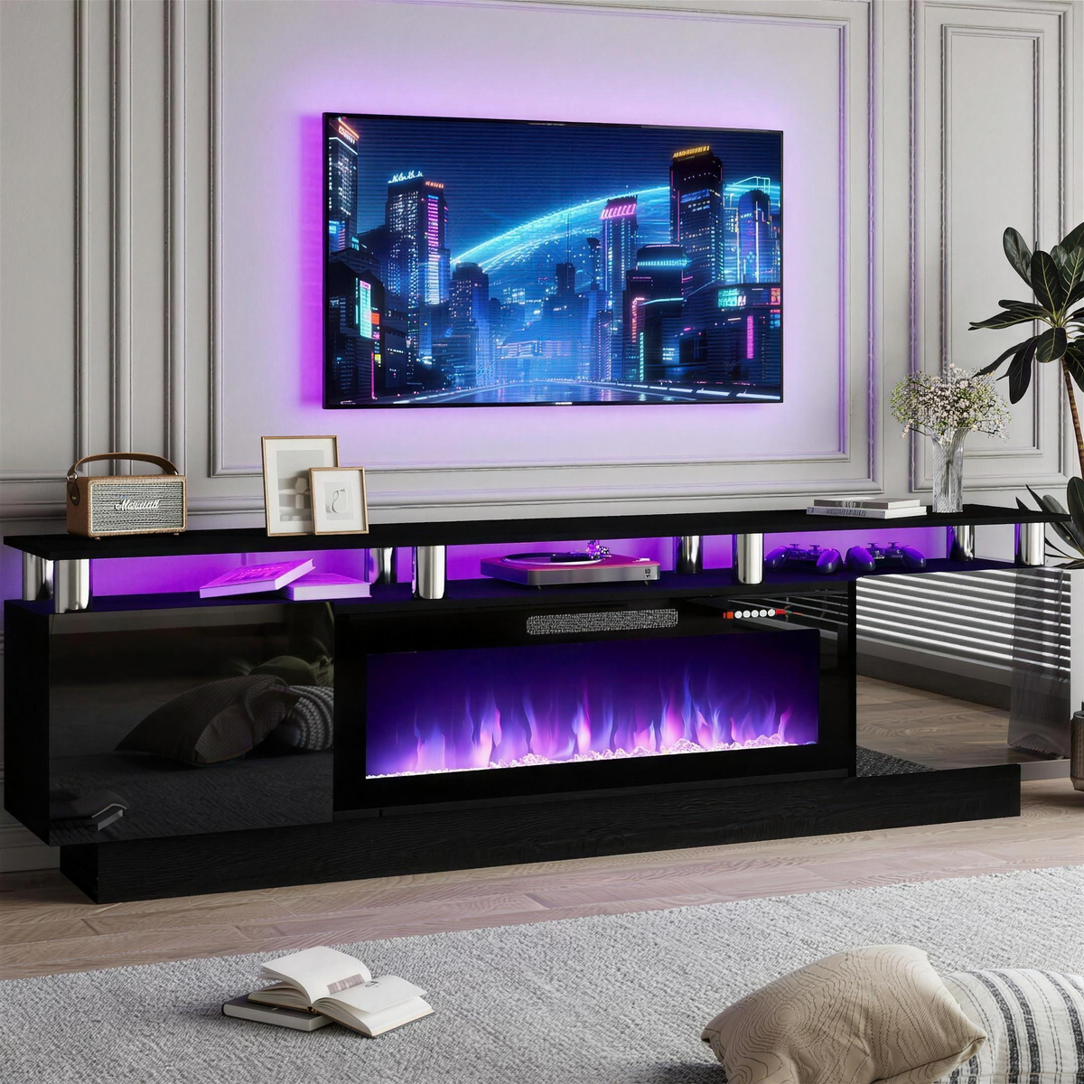 70 Inch High-Gloss Fireplace TV Stand with LED Lighting for TVs up to 80 Inch, Luxury Entertainment Center for Living Room — product view 1