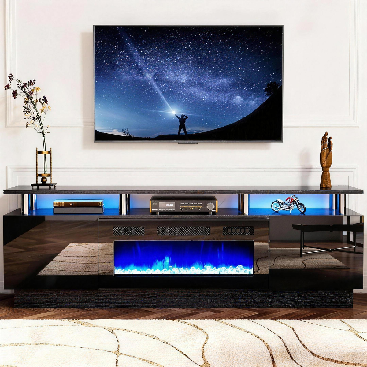 Double-Tier Electric Fireplace TV Stand for TVs up to 80 Inch with LED Lights, Black Two-Level Media Console — product view 1