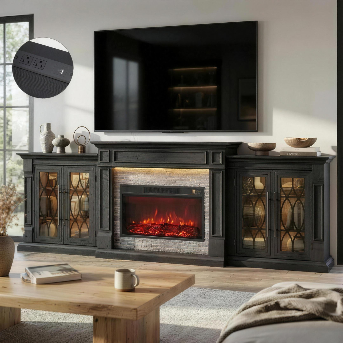 104 Inch LED Fireplace TV Stand with Power Outlet for TVs up to 100 Inch, Electric Fireplace Entertainment Center with Mantel — product view 1