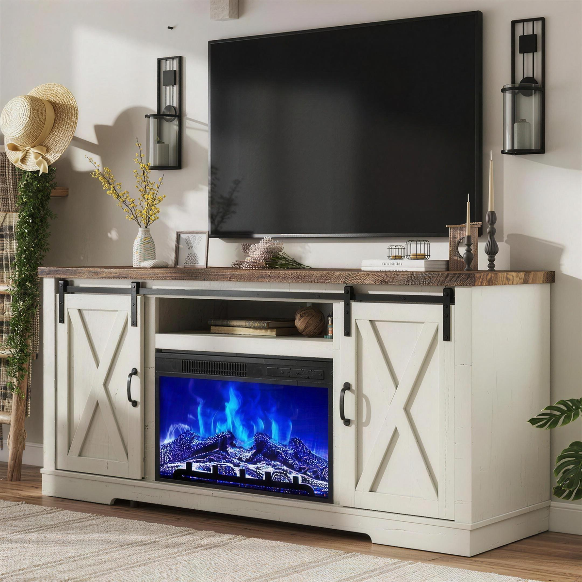 Fireplace TV Stand with Sliding Barn Door, Farmhouse Entertainment Center with Storage Cabinets & Adjustable Shelves — product view 1