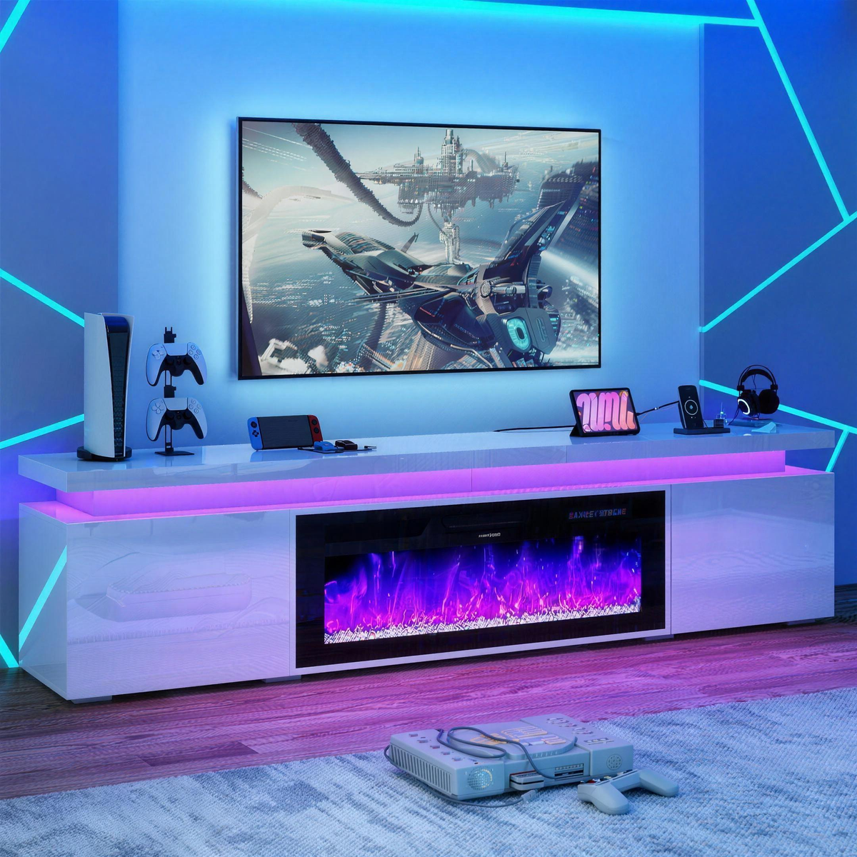 71 Inch Fireplace TV Stand with 40 Inch Electric Fireplace & Power Outlet for 80 Inch TV, High-Gloss Media Console with Storage — product view 1