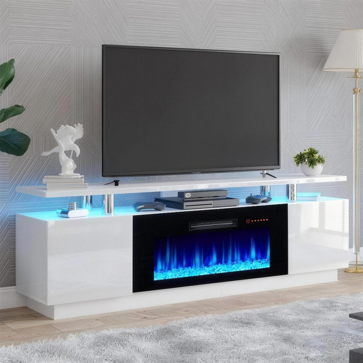 36 Inch Fireplace TV Stand with LED Lights & 2-Tier Storage, Ivory White Media Console for Living Room — product view 1