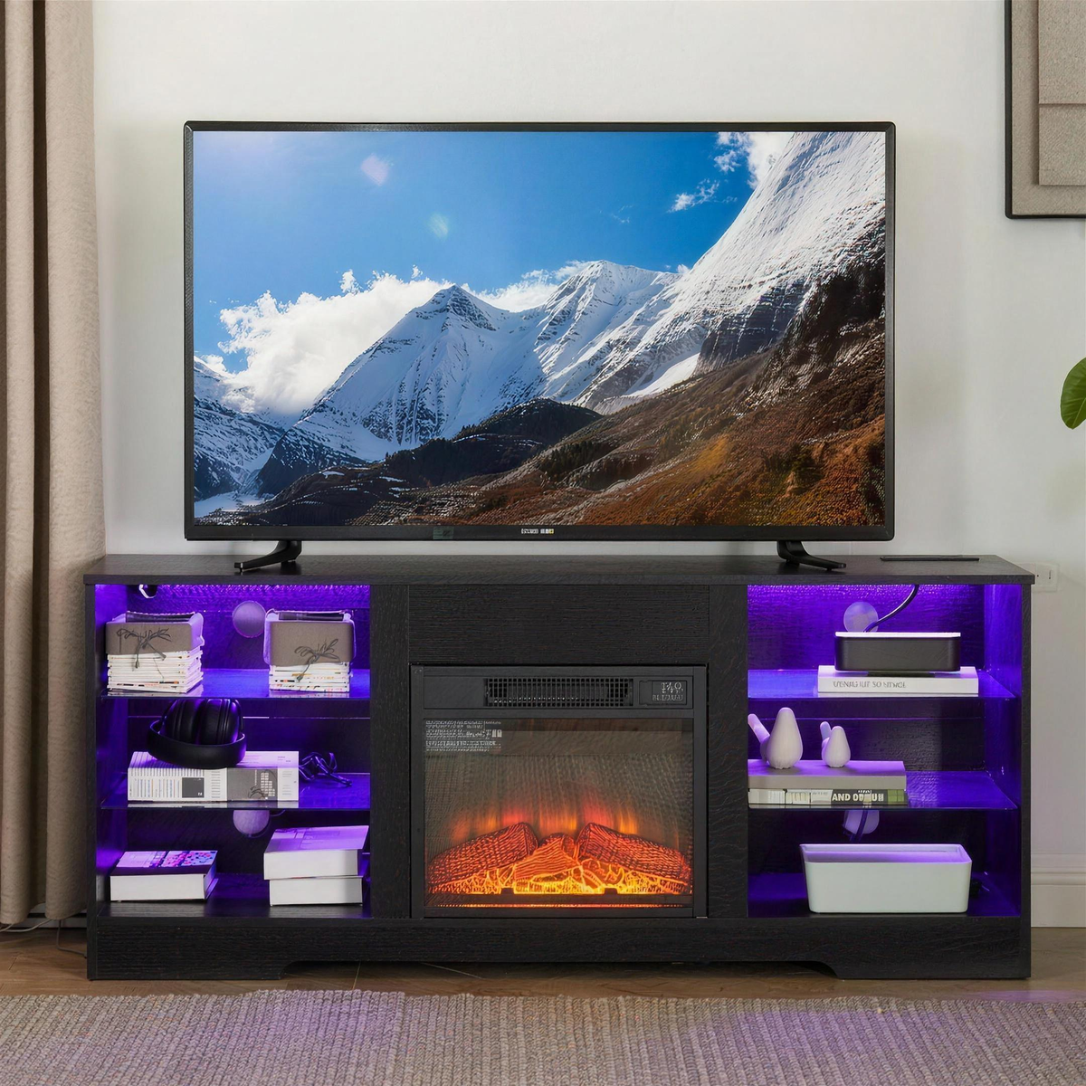 Electric Fireplace TV Stand, Glass Front, Modern Media Console Entertainment Center, Adjustable LED Flame for Living Rooms — product view 1