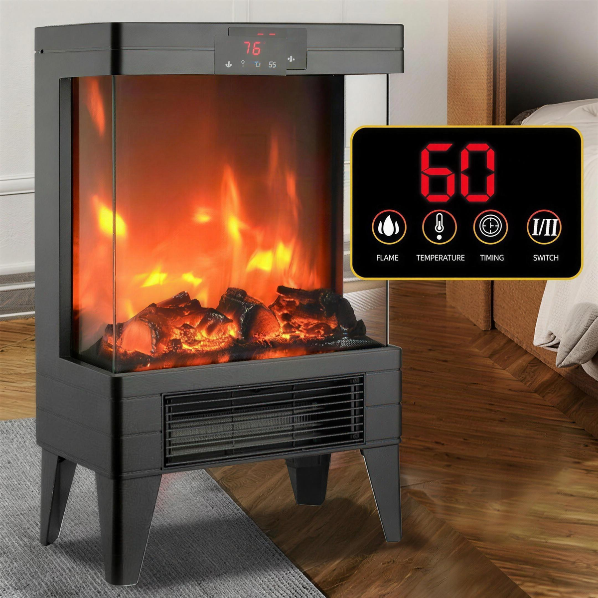 Freestanding 3D Flame Electric Fireplace Heater, Smokeless Indoor Fireplace Stove with Fast Heating Fan — product view 1