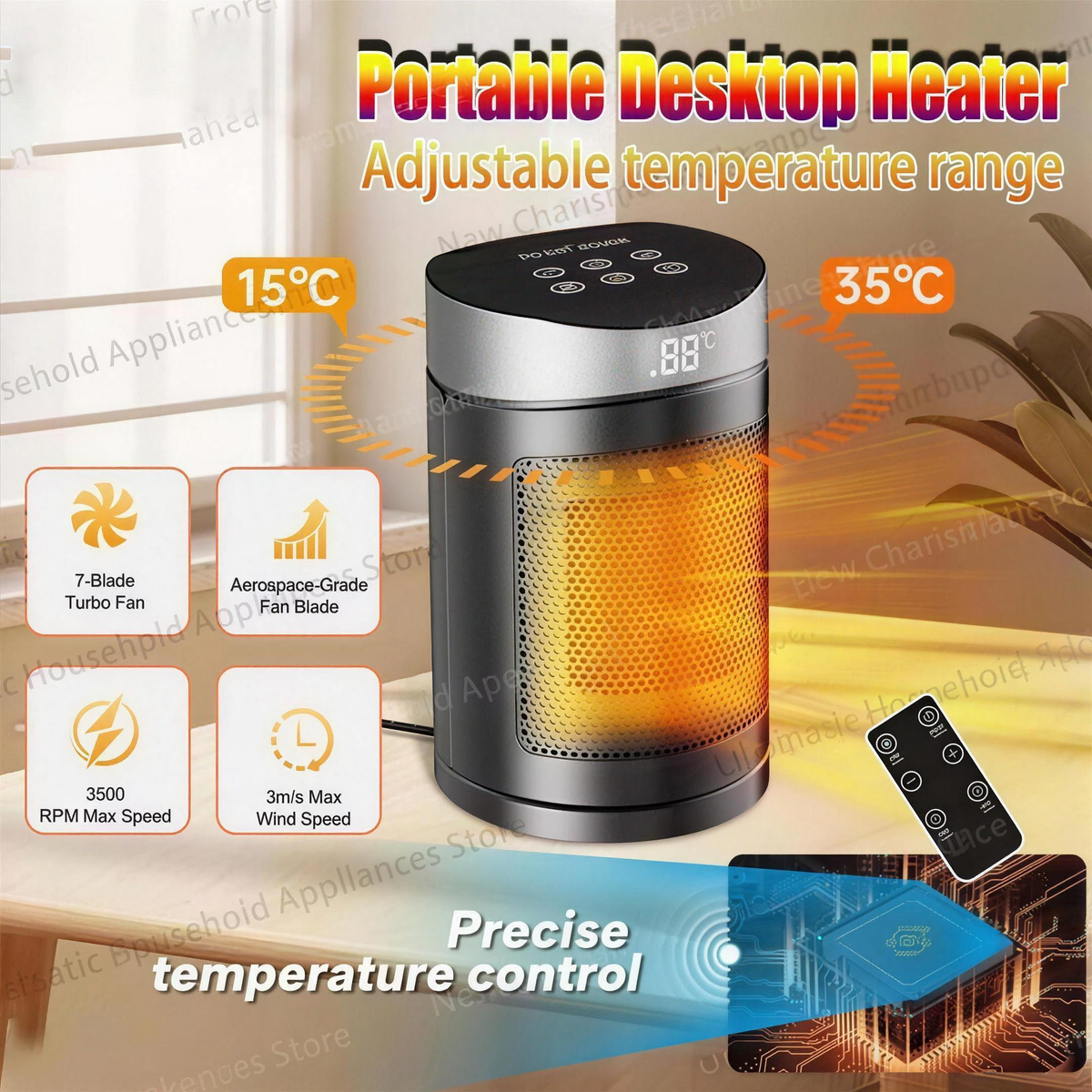 1500W Portable Electric Space Heater, Remote Control, PTC Ceramic Heating, Overheat Protection for Desks, Bedrooms and Home Offices — product view 2