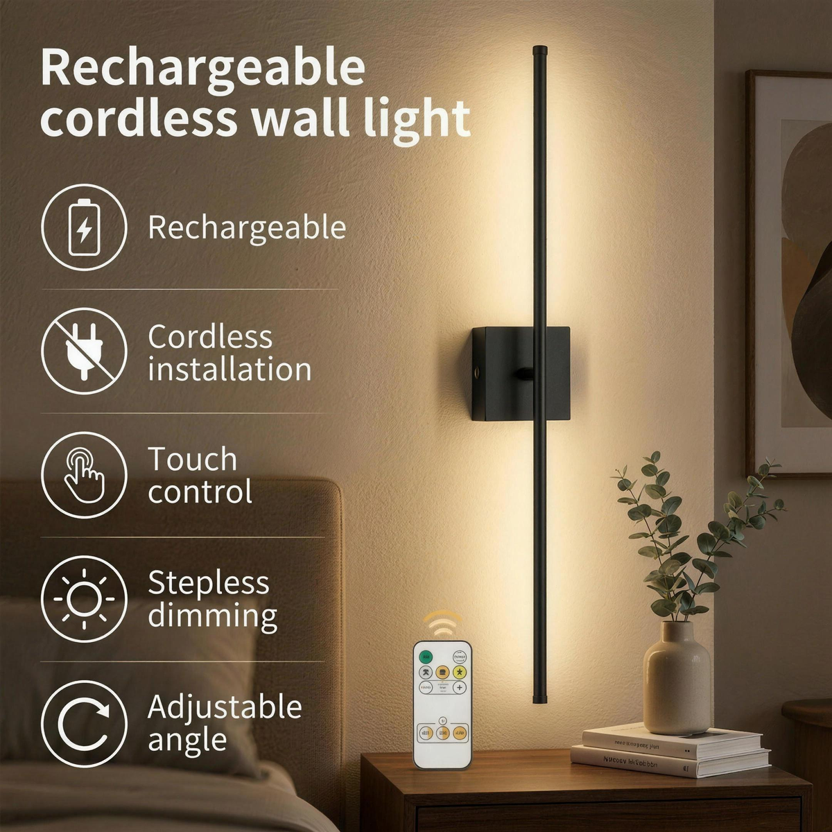 Rechargeable LED Wall Sconce with Magnetic Mount & Touch Control, Square Indoor Light for Bedroom, Hallway & Study — product view 1