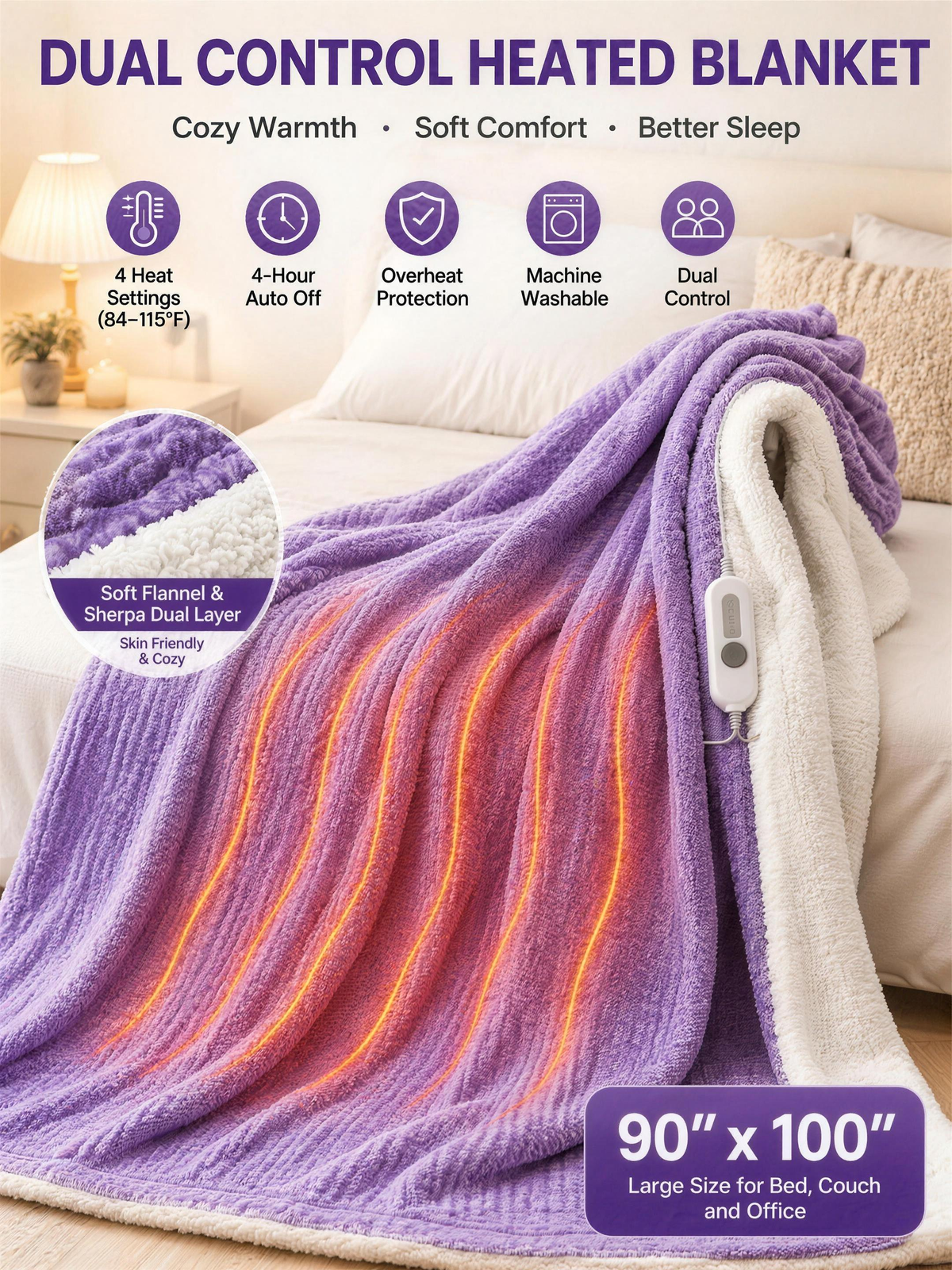 Sherpa Heated Blanket 90 x 100 Inch with 4 Heat Settings & Auto Shut-Off, Machine Washable Electric Blanket for Bed, Couch & Office — product view 1