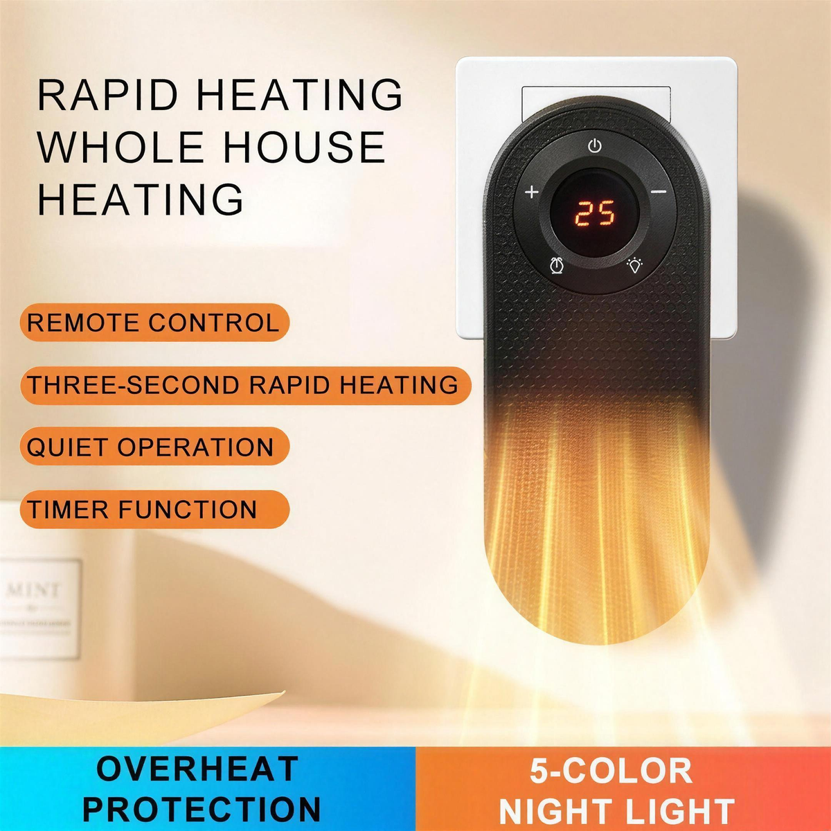 Wall Mounted Electric Space Heater with Night Light, Quick Heat & Overheat Protection for Bedroom, Desk & Tabletop — product view 1