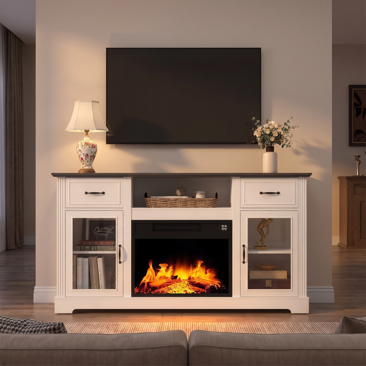 65 Inch Electric Fireplace TV Stand, Solid Wood, Modern Media Console Entertainment Center, Storage Cabinets for Living Rooms — product view 5
