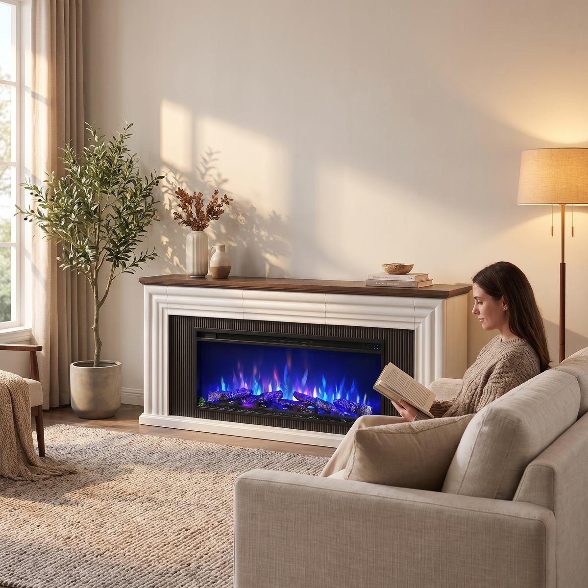 70 Inch Fluted Fireplace TV Stand with 42 Inch Electric Fireplace, Modern Farmhouse Media Console for 65-75 Inch TVs — product view 6