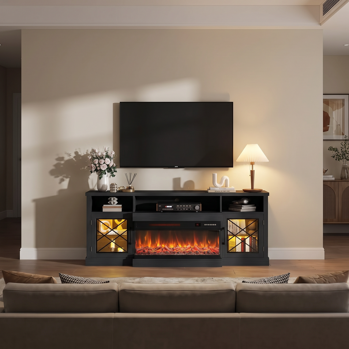65 Inch Electric Fireplace TV Stand for TVs up to 75 Inch, 3-Sided Glass, Modern Media Console Entertainment Center for Living Rooms — product view 6