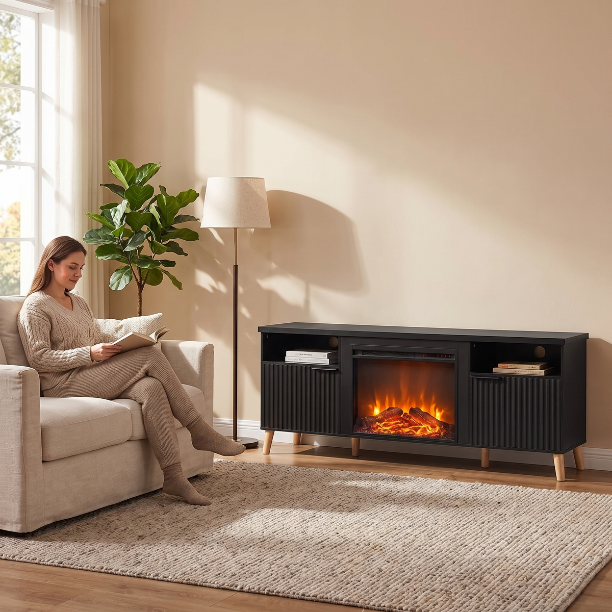 65" Fireplace TV Stand w/ 23" Electric Fireplace, Modern Media Entertainment Center Console Table for TVs up to 70" — product view 5