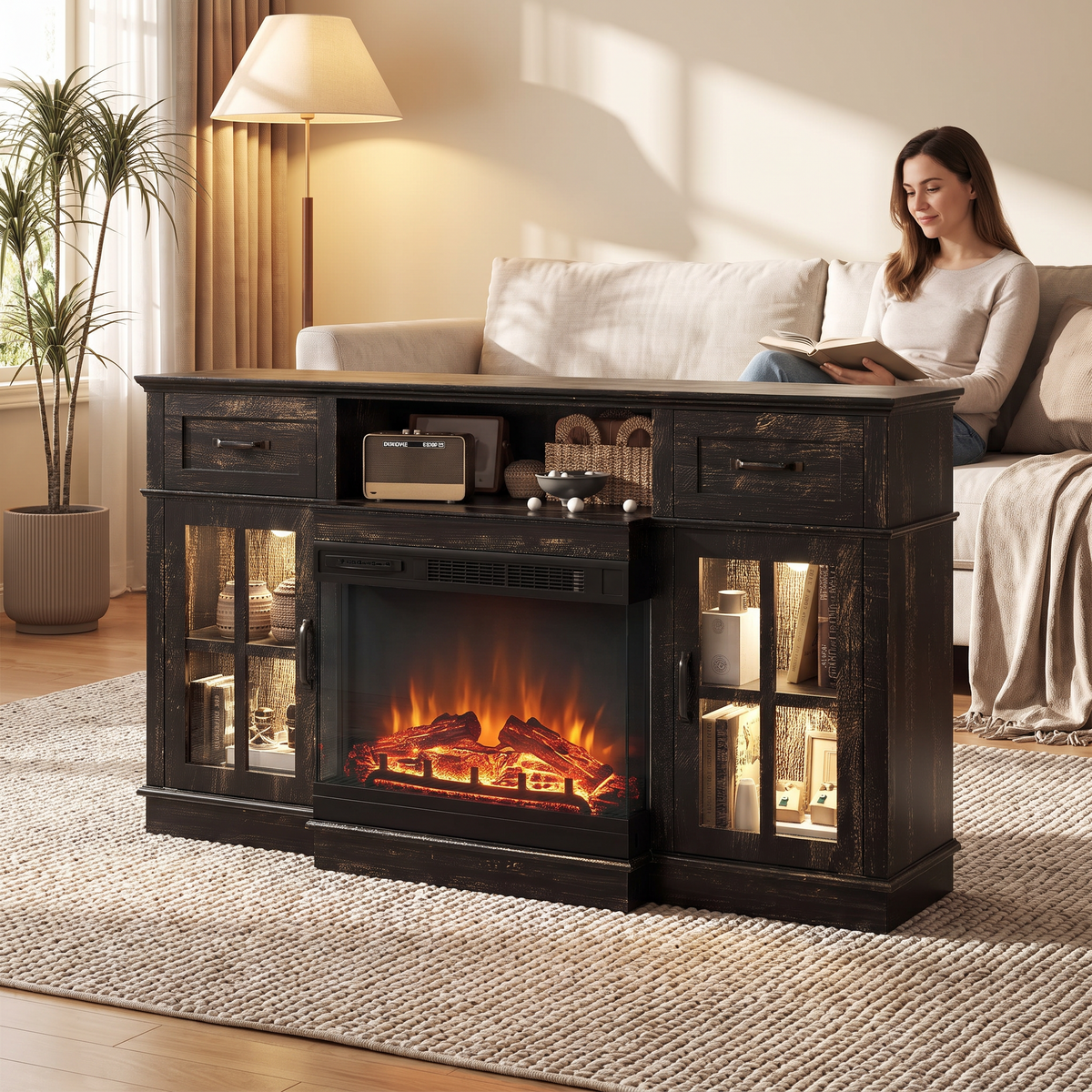 65 Inch Electric Fireplace TV Stand, Modern Media Console Entertainment Center, Storage Cabinets, Adjustable LED Flame for Living Rooms — product view 4