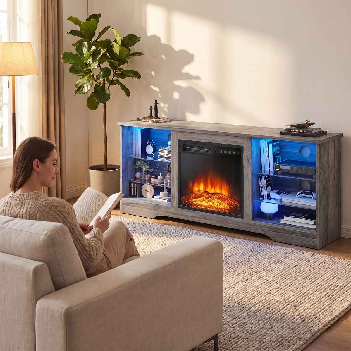 58 Inch Electric Fireplace TV Stand for TVs up to 65 Inch, Modern Media Console Entertainment Center, Adjustable LED Flame for Living Rooms — product view 6