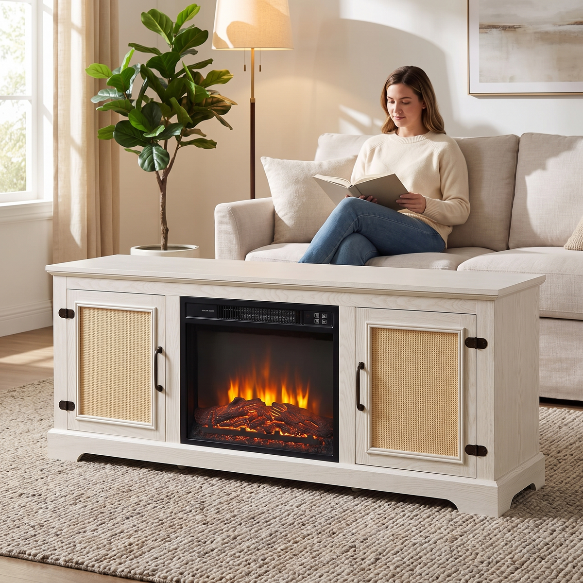 Electric Fireplace TV Stand with Rattan Cabinet Doors, Modern Media Console Entertainment Center for Living Rooms — product view 4