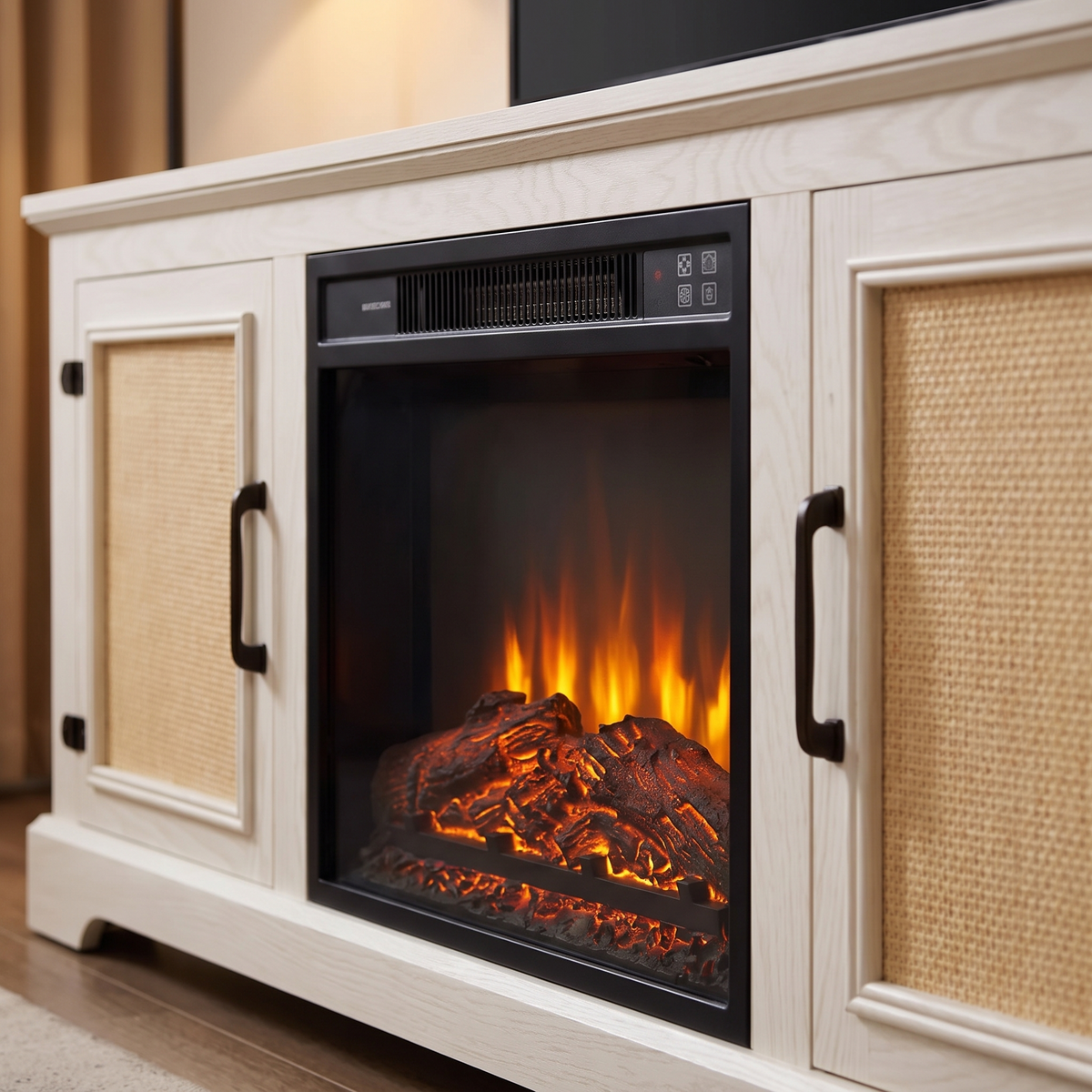 Electric Fireplace TV Stand with Rattan Cabinet Doors, Modern Media Console Entertainment Center for Living Rooms — product view 6