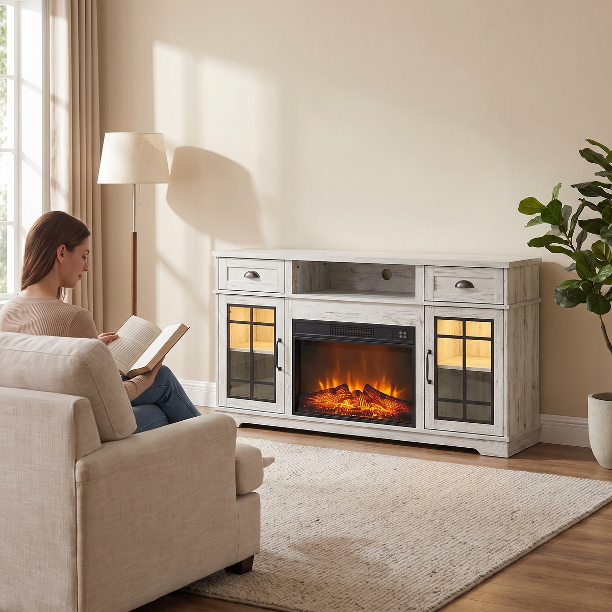 Electric Fireplace TV Stand for TVs up to 65 Inch, Curved Front, Modern Media Console Entertainment Center, Adjustable LED Flame for Living Rooms — product view 5