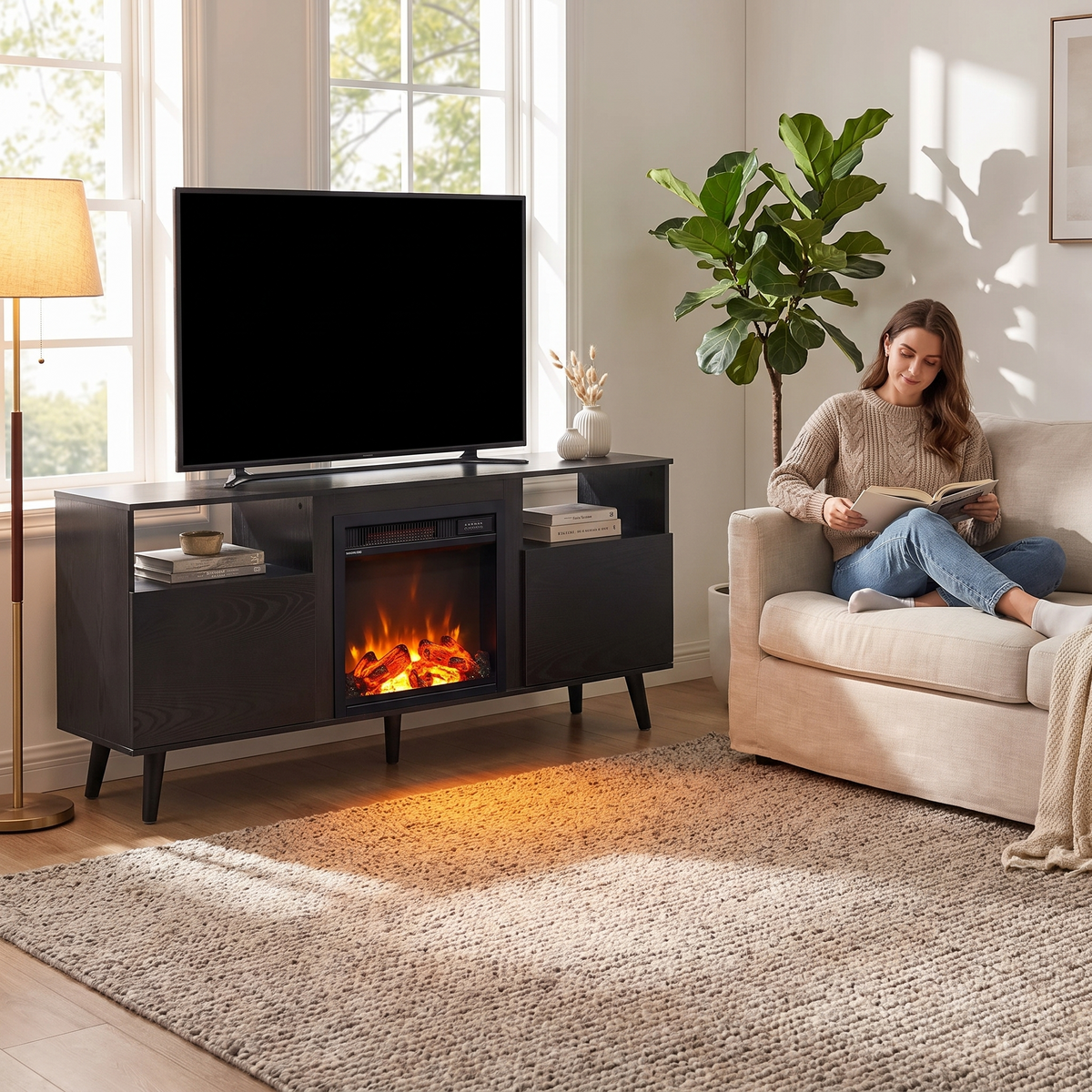 65 Inch Electric Fireplace TV Stand, Modern Media Console Entertainment Center for Living Rooms — product view 4