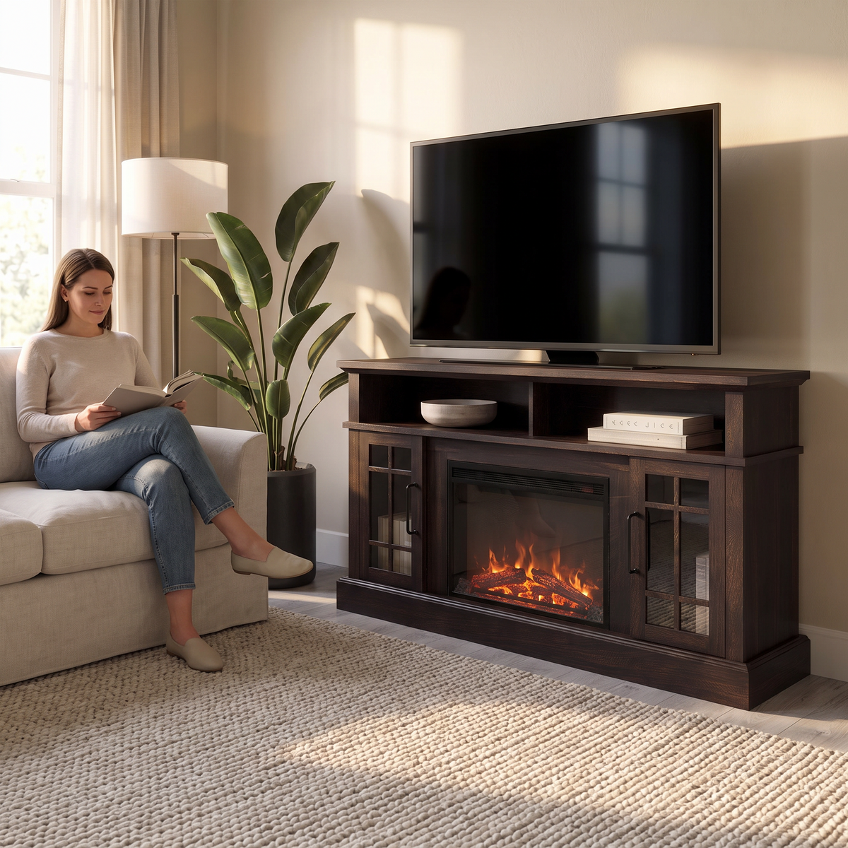 58 Inch Rustic Fireplace TV Stand with 23 Inch Electric Fireplace & Crackling Sound, Traditional Media Console for 65 Inch TVs — product view 5