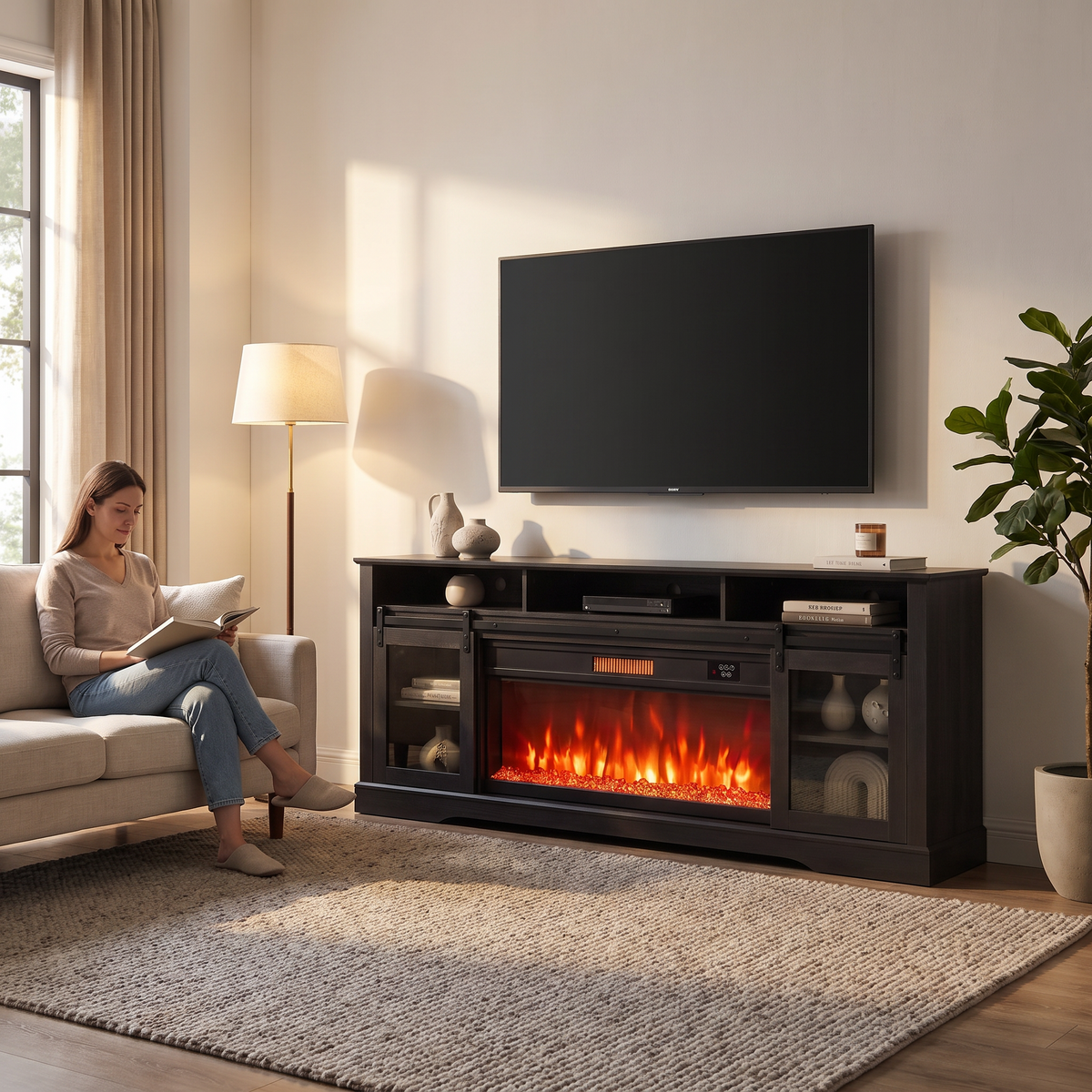 Fireplace TV Stand for TVs up to 80 Inch, Modern Entertainment Center with 36 Inch Glass Electric Fireplace & LED Lights, Black — product view 6