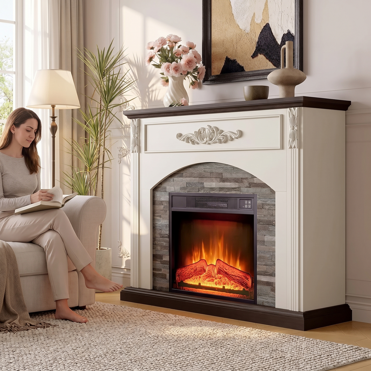 44 Inch Electric Fireplace TV Stand with Mantel, Farmhouse Stacked Stone Surround, White Firebox Media Console — product view 4